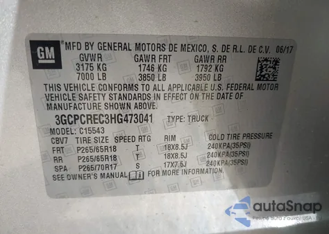 2017 Chevrolet Silverado 1500 1Lt from USA, damaged, VIN 3GCPCREC3HG473041
